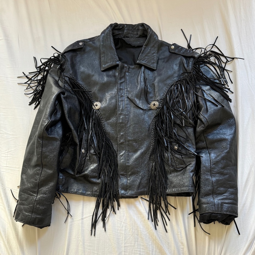 Vintage Black Fringe Leather Motorcycle Jacket SZ 58